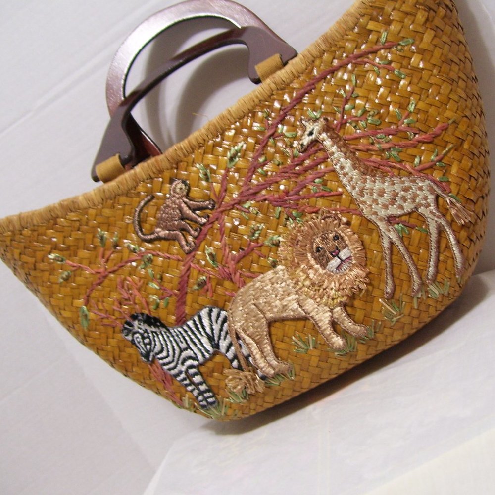 Jungle Print Animals Tan Straw Handbag NWOT